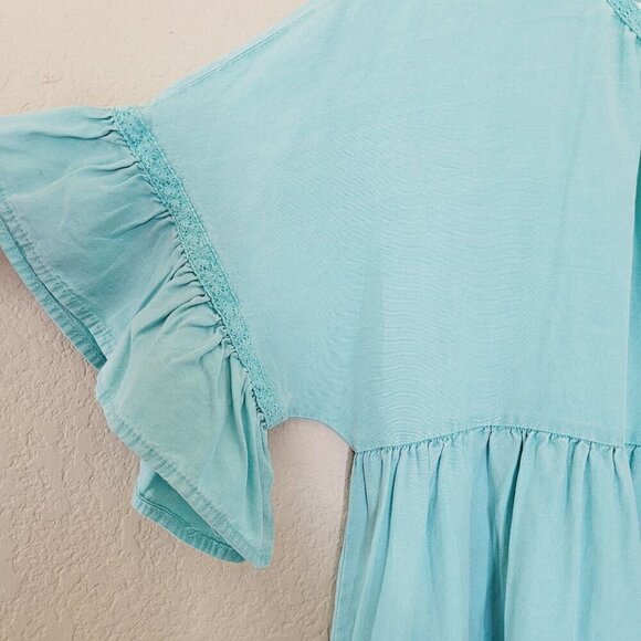 Easel Short Sleeve Top Size Small 100% Tencel Ruffle Boho Oversized Tassel Teal - Picture 7 of 8